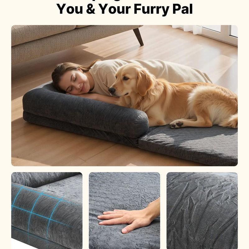 VEVOR cilvēka izmēra suņu gulta, 1790 × 950 × 240 mm, ortopēdiska atmiņas putu gulta cilvēkiem un mājdzīvniekiem, ar sānu kabatu, rokturi un rāvējslēdzēju, noņemams un veļasmašīnā mazgājams pārvalks, tumši pelēka
