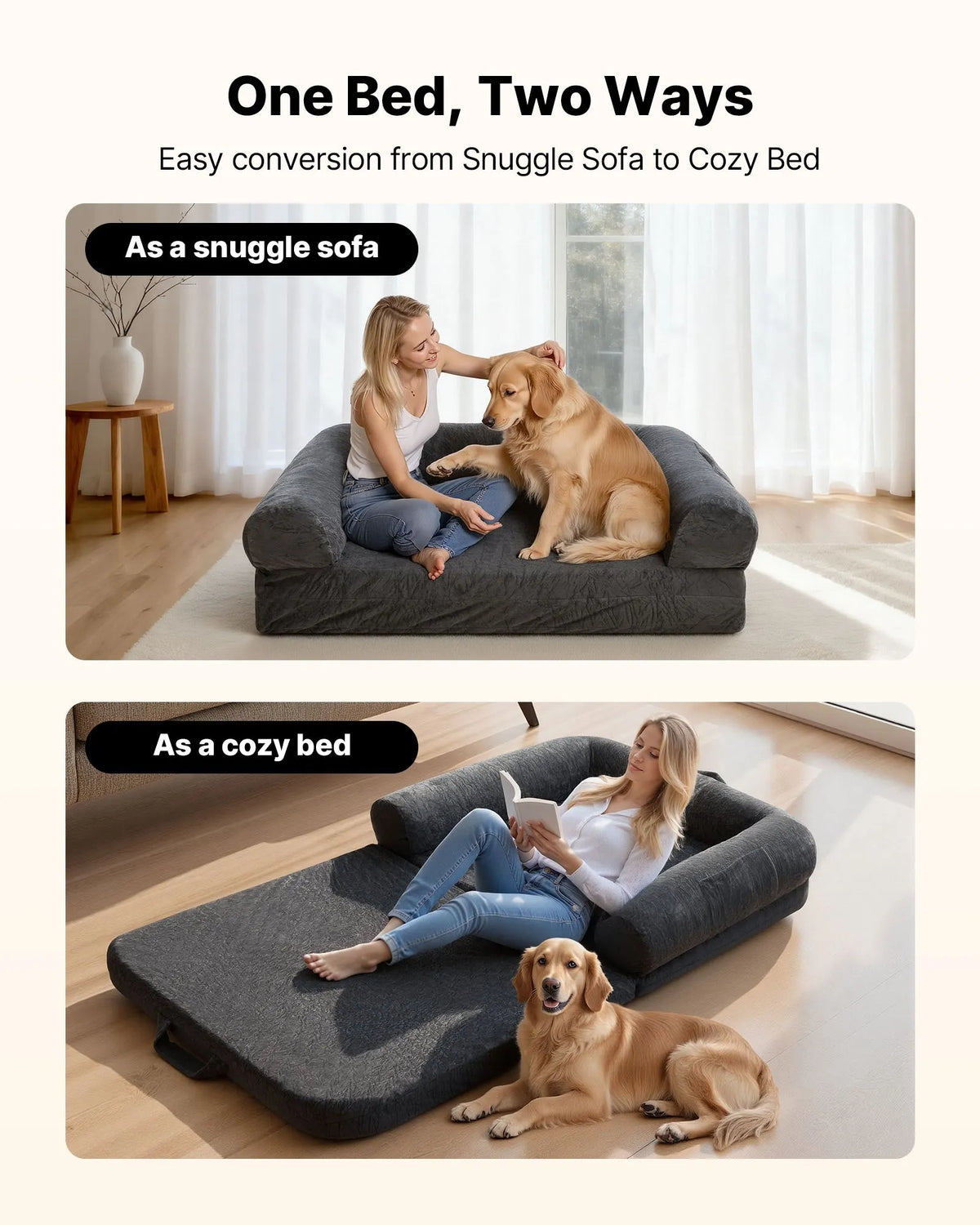 VEVOR ортопедическая лежанка для собак человеческого размера с матрасом memory foam и съёмным чехлом, 179 × 95 × 24 см, тёмно-серая