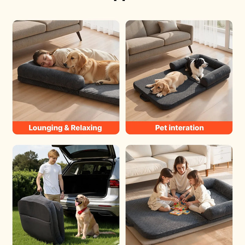 VEVOR cilvēka izmēra suņu gulta, 1790 × 950 × 240 mm, ortopēdiska atmiņas putu gulta cilvēkiem un mājdzīvniekiem, ar sānu kabatu, rokturi un rāvējslēdzēju, noņemams un veļasmašīnā mazgājams pārvalks, tumši pelēka