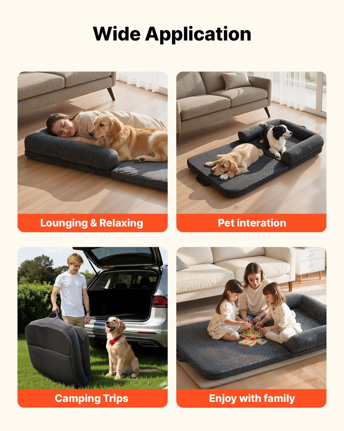 VEVOR ортопедическая лежанка для собак человеческого размера с матрасом memory foam и съёмным чехлом, 179 × 95 × 24 см, тёмно-серая
