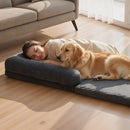 VEVOR cilvēka izmēra suņu gulta, 1790 × 950 × 240 mm, ortopēdiska atmiņas putu gulta cilvēkiem un mājdzīvniekiem, ar sānu kabatu, rokturi un rāvējslēdzēju, noņemams un veļasmašīnā mazgājams pārvalks, tumši pelēka