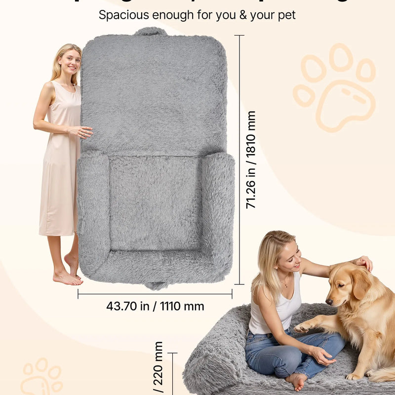 VEVOR cilvēka izmēra suņu gulta, 1810 × 1110 × 240 mm, ortopēdiska atmiņas putu gulta cilvēkiem un mājdzīvniekiem, ar sānu kabatu, rokturi un rāvējslēdzēju, noņemams veļasmašīnā mazgājams pārvalks, tumši pelēka