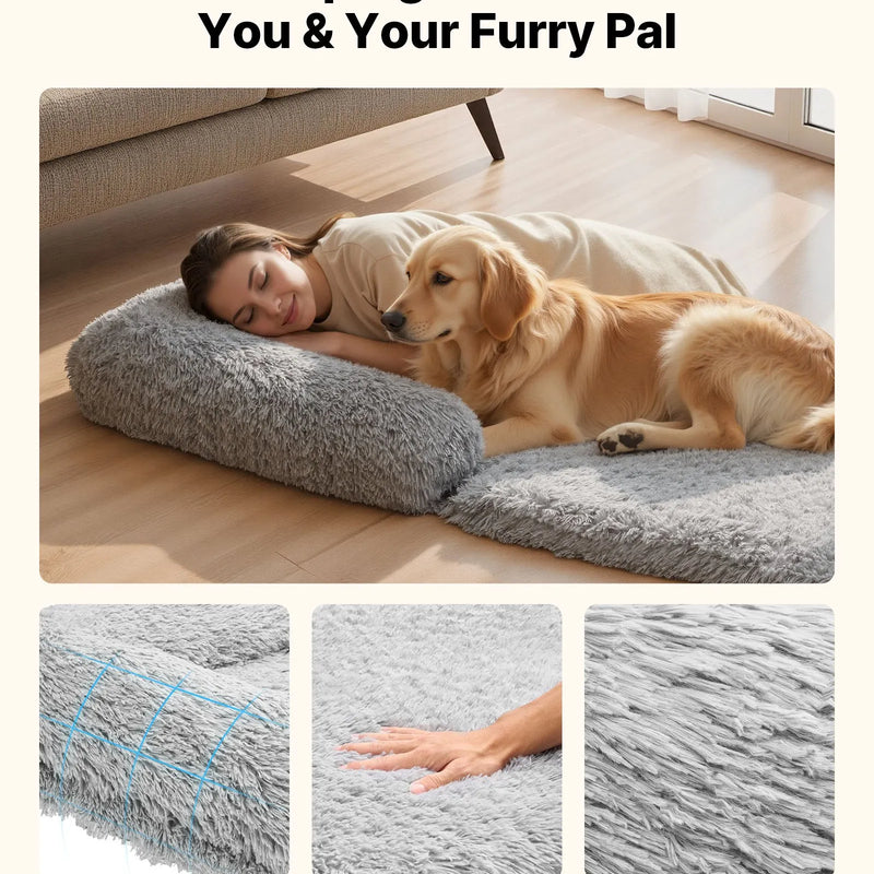 VEVOR cilvēka izmēra suņu gulta, 1810 × 1110 × 240 mm, ortopēdiska atmiņas putu gulta cilvēkiem un mājdzīvniekiem, ar sānu kabatu, rokturi un rāvējslēdzēju, noņemams veļasmašīnā mazgājams pārvalks, tumši pelēka