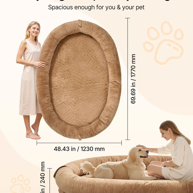 VEVOR cilvēka izmēra suņu gulta, 1770 × 1230 × 240 mm ortopēdisks memory foam matracis, cilvēka izmēra gulta suņiem ar sānu kabatu, rokturi un rāvējslēdzēju, noņemama un mazgājama mašīnā, brūnā krāsā.