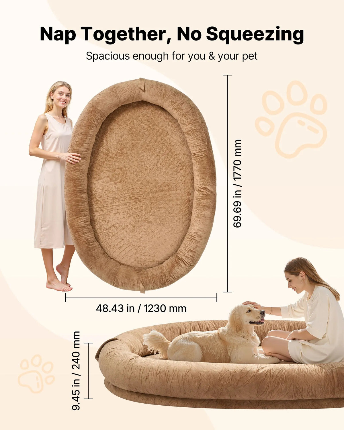 VEVOR Orthopedic Dog Bed with Memory Foam Mattress and Washable Cover, 177 × 123 × 24 cm, Brown