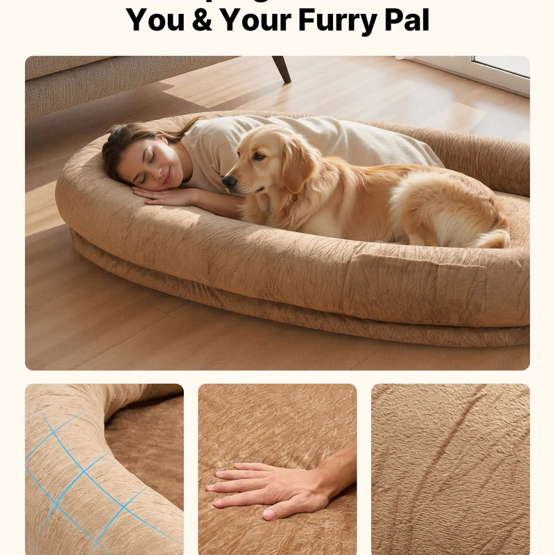 VEVOR cilvēka izmēra suņu gulta, 1770 × 1230 × 240 mm ortopēdisks memory foam matracis, cilvēka izmēra gulta suņiem ar sānu kabatu, rokturi un rāvējslēdzēju, noņemama un mazgājama mašīnā, brūnā krāsā.