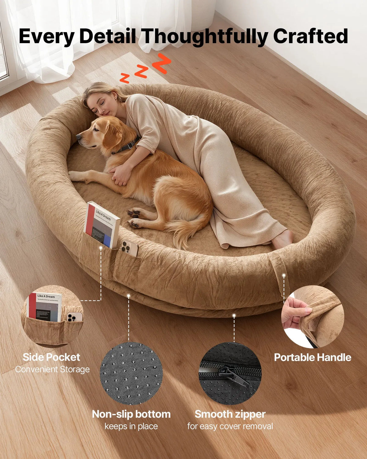 VEVOR Orthopedic Dog Bed with Memory Foam Mattress and Washable Cover, 177 × 123 × 24 cm, Brown