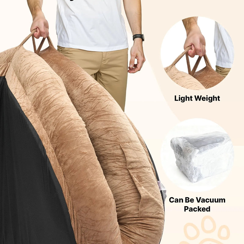 VEVOR cilvēka izmēra suņu gulta, 1770 × 1230 × 240 mm ortopēdisks memory foam matracis, cilvēka izmēra gulta suņiem ar sānu kabatu, rokturi un rāvējslēdzēju, noņemama un mazgājama mašīnā, brūnā krāsā.