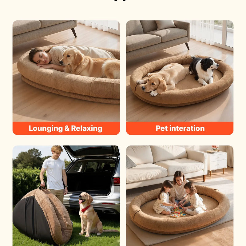 VEVOR cilvēka izmēra suņu gulta, 1770 × 1230 × 240 mm ortopēdisks memory foam matracis, cilvēka izmēra gulta suņiem ar sānu kabatu, rokturi un rāvējslēdzēju, noņemama un mazgājama mašīnā, brūnā krāsā.