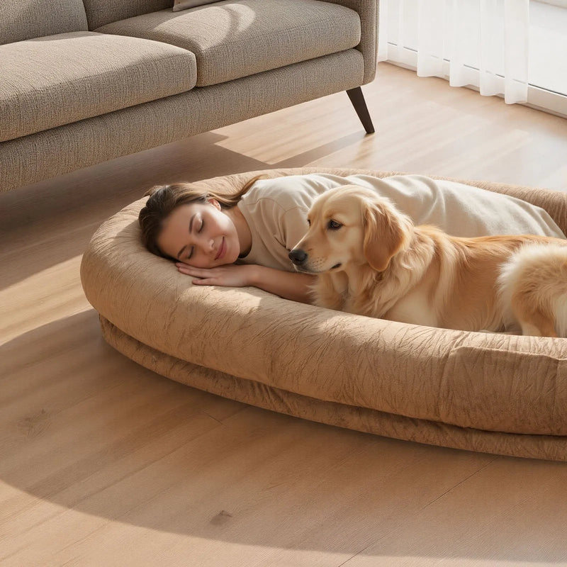 VEVOR cilvēka izmēra suņu gulta, 1770 × 1230 × 240 mm ortopēdisks memory foam matracis, cilvēka izmēra gulta suņiem ar sānu kabatu, rokturi un rāvējslēdzēju, noņemama un mazgājama mašīnā, brūnā krāsā.