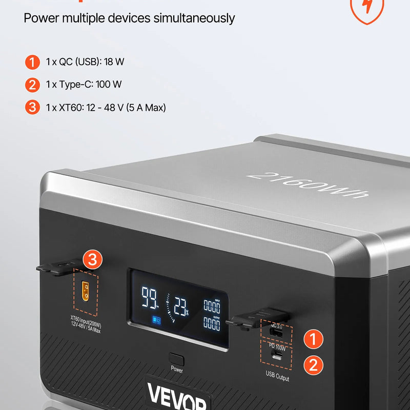 VEVOR папильду акумуляторы портативные электростационарные, 2160 Wh LiFePO4 паплашинаса акумуляторы ар 3 izejas pieslēgvietām lietošanai mājās, kempingā, ceļojumos un ārkārtas situācijās