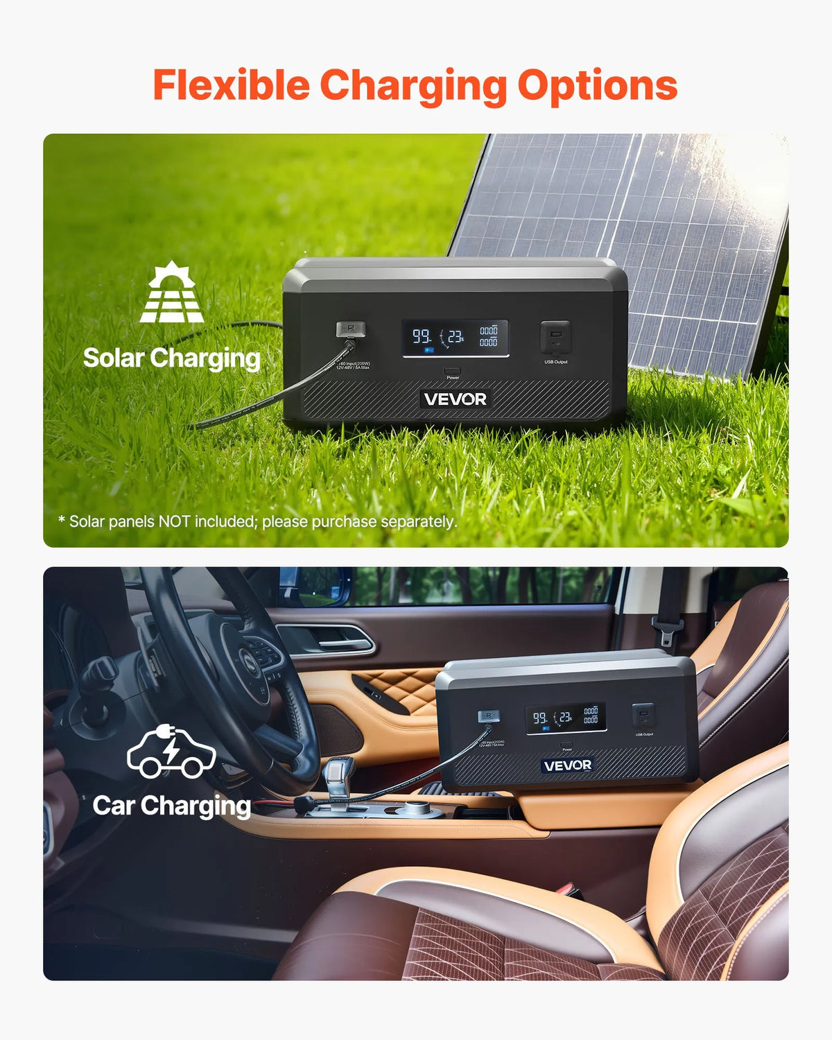 VEVOR папильду акумуляторы портативные электростационарные, 2160 Wh LiFePO4 паплашинаса акумуляторы ар 3 izejas pieslēgvietām lietošanai mājās, kempingā, ceļojumos un ārkārtas situācijās