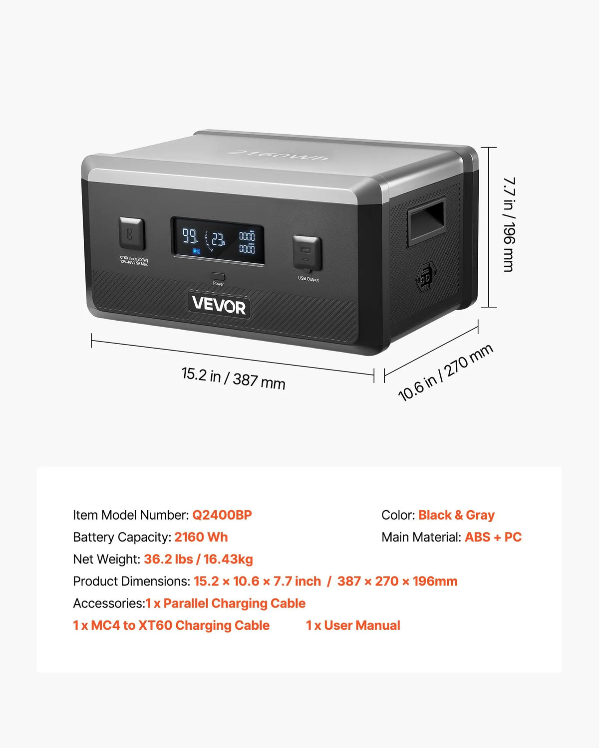 VEVOR папильду акумуляторы портативные электростационарные, 2160 Wh LiFePO4 паплашинаса акумуляторы ар 3 izejas pieslēgvietām lietošanai mājās, kempingā, ceļojumos un ārkārtas situācijās