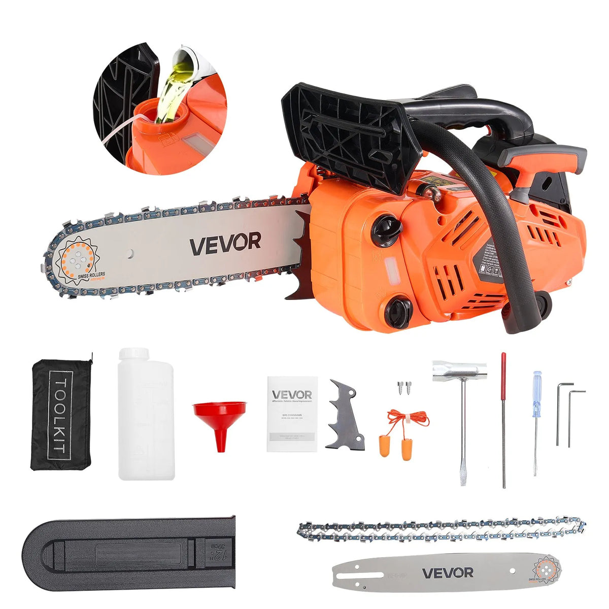 VEVOR 25 cm³ benzīna motorzāģis ar 305 mm sliedi, 0,75 kW jauda, neslīdošs rokturis, divas tvertnes, koksnes griešanai, koku apzāģēšanai un teritorijas attīrīšanai - ZEMLETES.LV