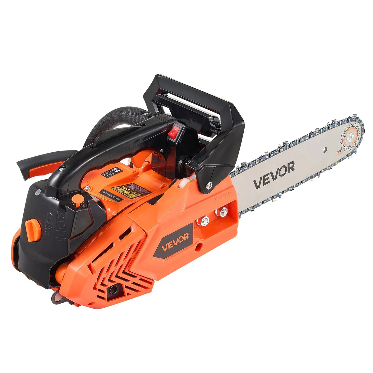 VEVOR 25 cm³ benzīna motorzāģis ar 305 mm sliedi, 0,75 kW jauda, neslīdošs rokturis, divas tvertnes, koksnes griešanai, koku apzāģēšanai un teritorijas attīrīšanai - ZEMLETES.LV