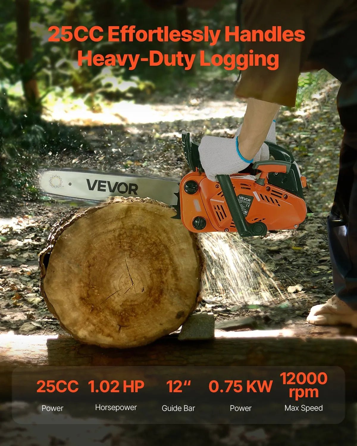 VEVOR 25 cm³ benzīna motorzāģis ar 305 mm sliedi, 0,75 kW jauda, neslīdošs rokturis, divas tvertnes, koksnes griešanai, koku apzāģēšanai un teritorijas attīrīšanai - ZEMLETES.LV