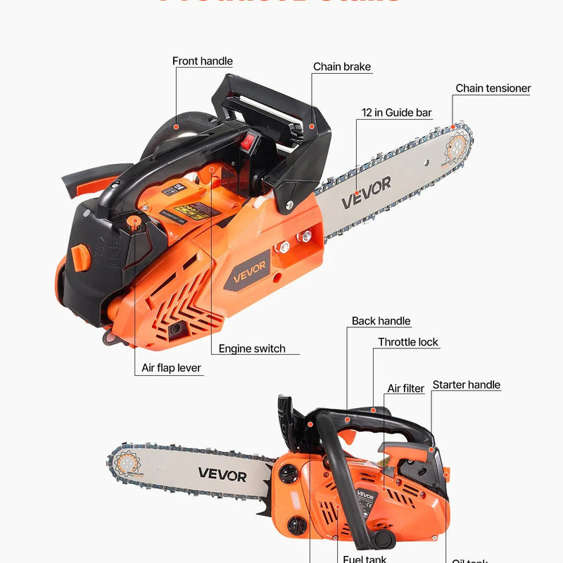 VEVOR 25 cm³ benzīna motorzāģis ar 305 mm sliedi, 0,75 kW jauda, neslīdošs rokturis, divas tvertnes, koksnes griešanai, koku apzāģēšanai un teritorijas attīrīšanai