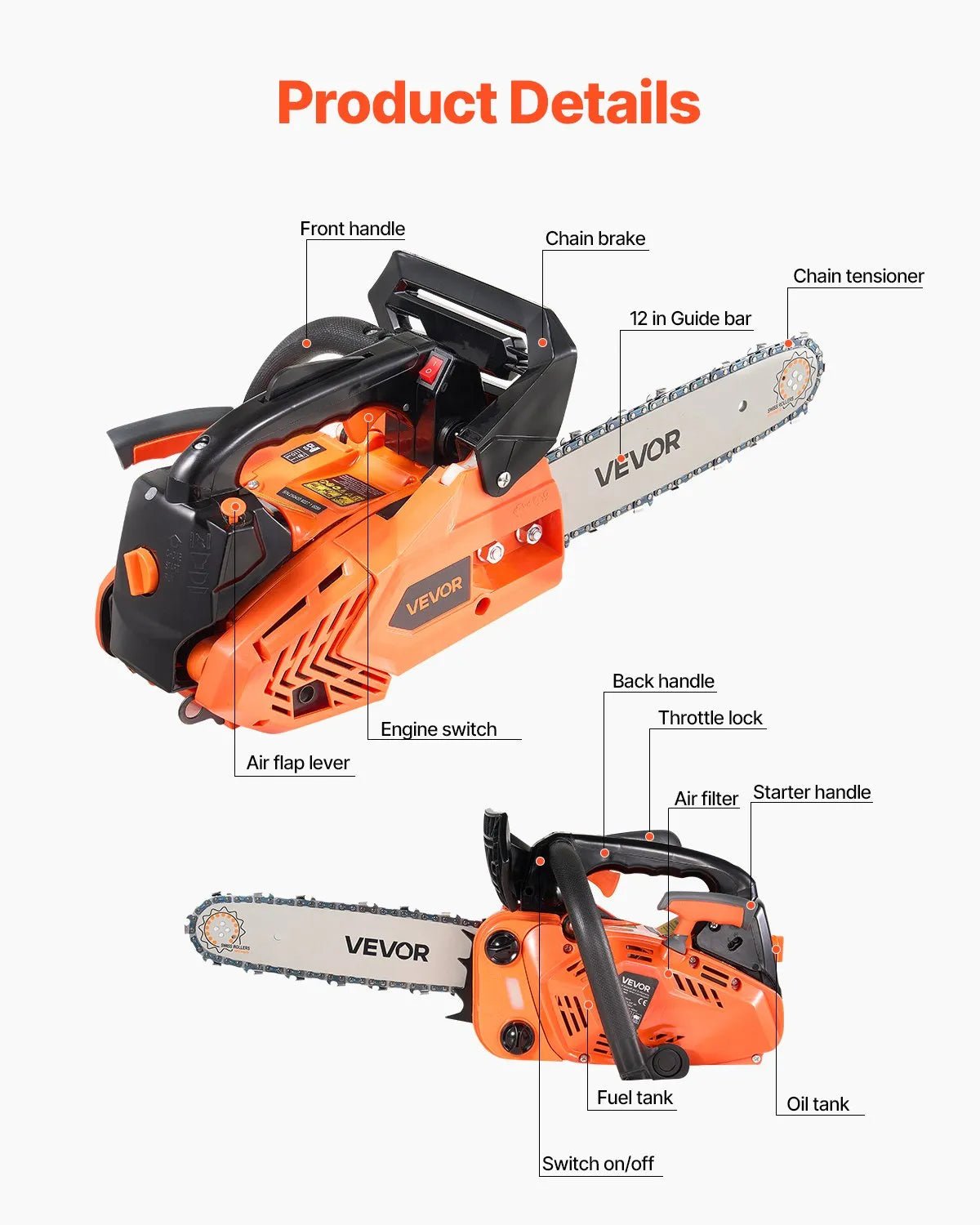 VEVOR 25 cm³ benzīna motorzāģis ar 305 mm sliedi, 0,75 kW jauda, neslīdošs rokturis, divas tvertnes, koksnes griešanai, koku apzāģēšanai un teritorijas attīrīšanai - ZEMLETES.LV