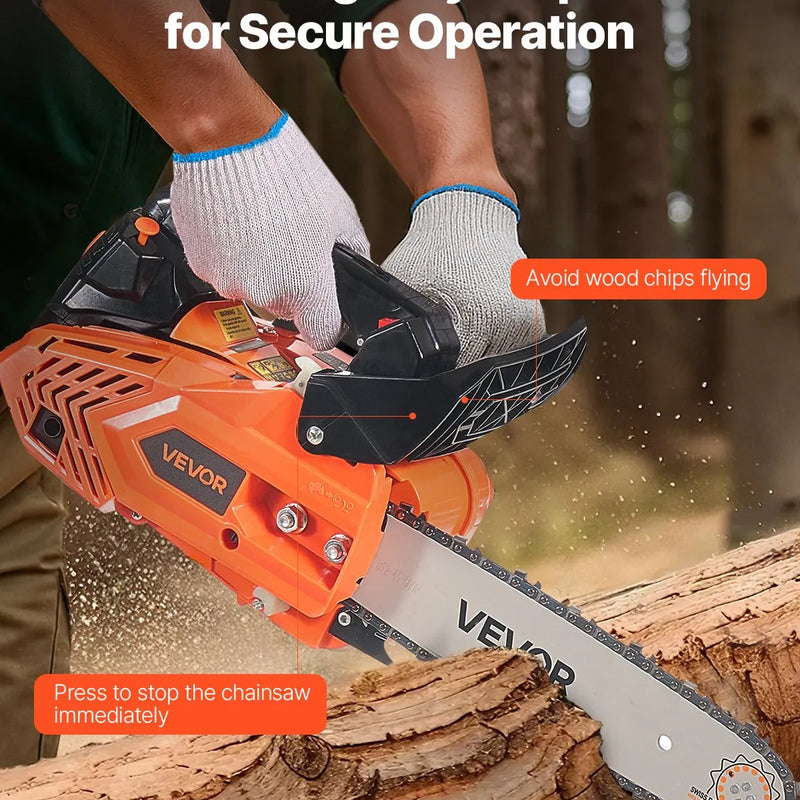 VEVOR 25 cm³ benzīna motorzāģis ar 305 mm sliedi, 0,75 kW jauda, neslīdošs rokturis, divas tvertnes, koksnes griešanai, koku apzāģēšanai un teritorijas attīrīšanai