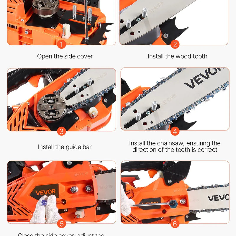 VEVOR 25 cm³ benzīna motorzāģis ar 305 mm sliedi, 0,75 kW jauda, neslīdošs rokturis, divas tvertnes, koksnes griešanai, koku apzāģēšanai un teritorijas attīrīšanai
