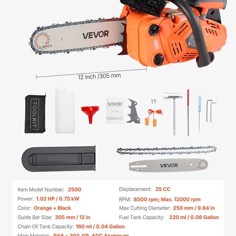 VEVOR 25 cm³ benzīna motorzāģis ar 305 mm sliedi, 0,75 kW jauda, neslīdošs rokturis, divas tvertnes, koksnes griešanai, koku apzāģēšanai un teritorijas attīrīšanai