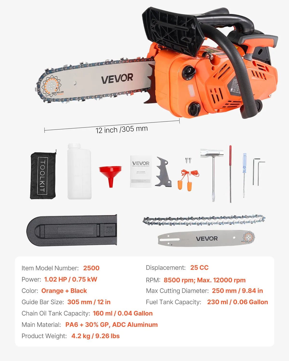 VEVOR 25 cm³ benzīna motorzāģis ar 305 mm sliedi, 0,75 kW jauda, neslīdošs rokturis, divas tvertnes, koksnes griešanai, koku apzāģēšanai un teritorijas attīrīšanai - ZEMLETES.LV