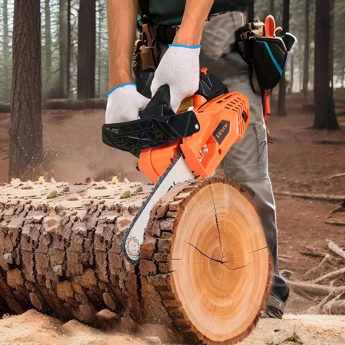 VEVOR 25 cm³ benzīna motorzāģis ar 305 mm sliedi, 0,75 kW jauda, neslīdošs rokturis, divas tvertnes, koksnes griešanai, koku apzāģēšanai un teritorijas attīrīšanai - ZEMLETES.LV