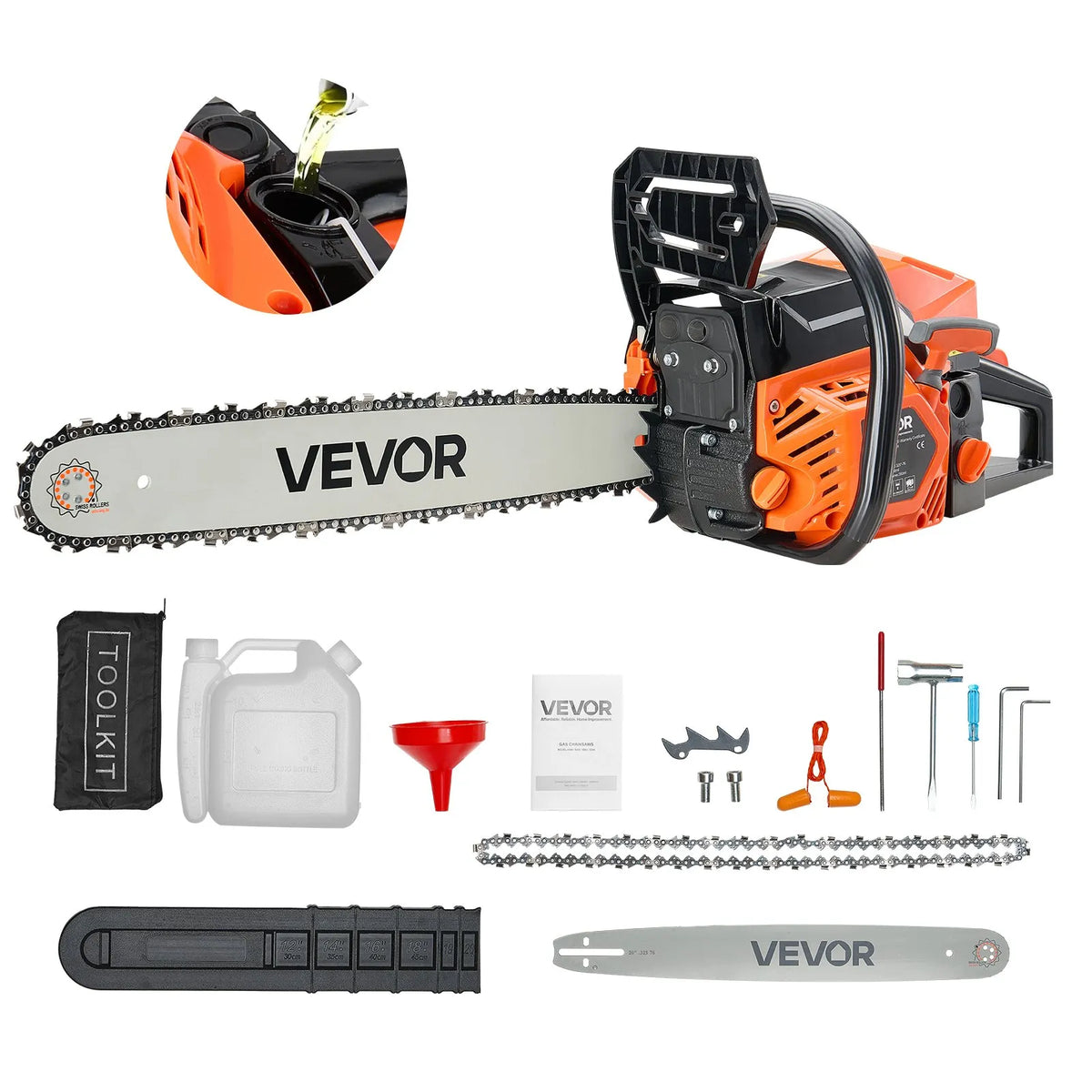 VEVOR 58 cm³ benzīna motorzāģis ar 508 mm sliedi, 2,7 ZS jauda, neslīdošs rokturis, divas tvertnes, koksnes griešanai, koku apzāģēšanai un teritorijas attīrīšanai - ZEMLETES.LV