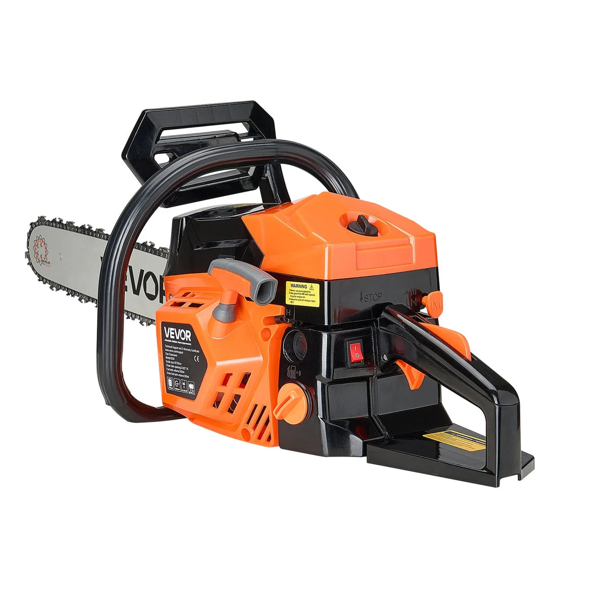 VEVOR 58 cm³ benzīna motorzāģis ar 508 mm sliedi, 2,7 ZS jauda, neslīdošs rokturis, divas tvertnes, koksnes griešanai, koku apzāģēšanai un teritorijas attīrīšanai - ZEMLETES.LV