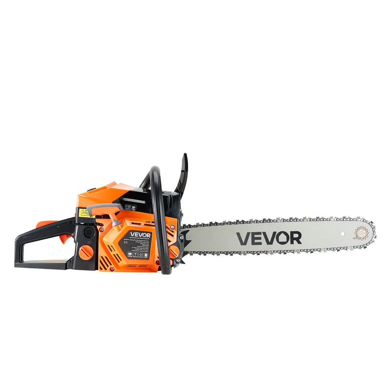VEVOR 58 cm³ benzīna motorzāģis ar 508 mm sliedi, 2,7 ZS jauda, neslīdošs rokturis, divas tvertnes, koksnes griešanai, koku apzāģēšanai un teritorijas attīrīšanai