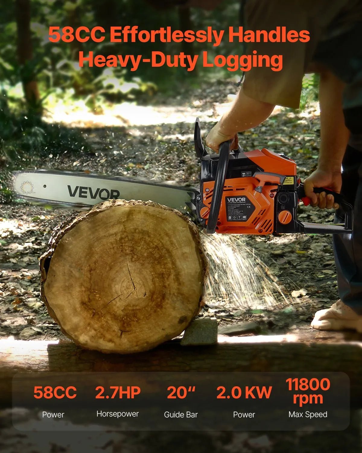 VEVOR 58 cm³ benzīna motorzāģis ar 508 mm sliedi, 2,7 ZS jauda, neslīdošs rokturis, divas tvertnes, koksnes griešanai, koku apzāģēšanai un teritorijas attīrīšanai - ZEMLETES.LV