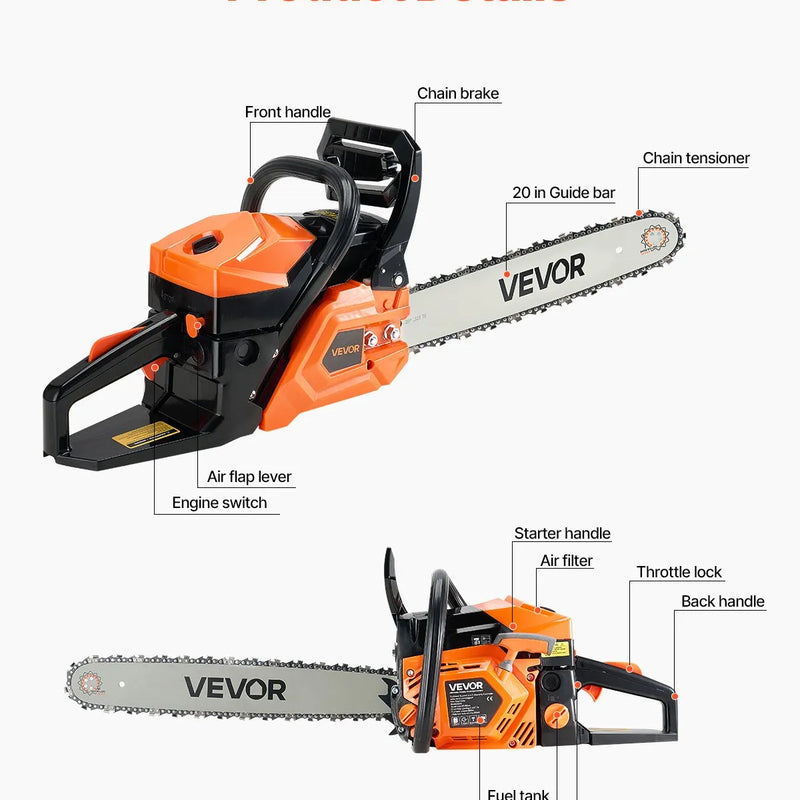 VEVOR 58 cm³ benzīna motorzāģis ar 508 mm sliedi, 2,7 ZS jauda, neslīdošs rokturis, divas tvertnes, koksnes griešanai, koku apzāģēšanai un teritorijas attīrīšanai