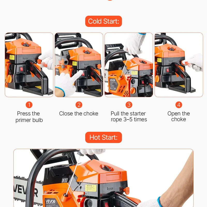 VEVOR 58 cm³ benzīna motorzāģis ar 508 mm sliedi, 2,7 ZS jauda, neslīdošs rokturis, divas tvertnes, koksnes griešanai, koku apzāģēšanai un teritorijas attīrīšanai