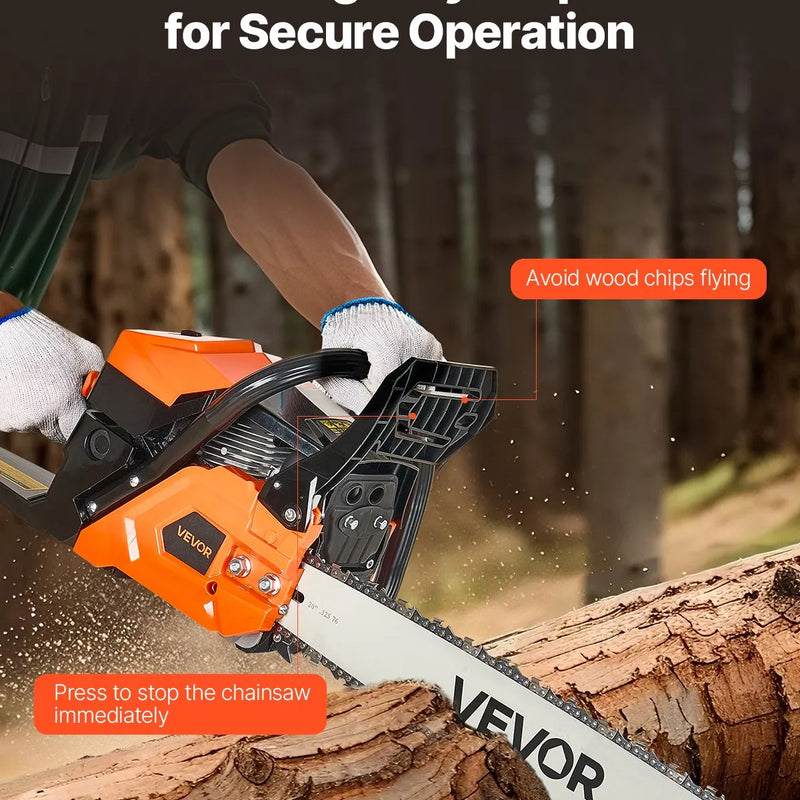 VEVOR 58 cm³ benzīna motorzāģis ar 508 mm sliedi, 2,7 ZS jauda, neslīdošs rokturis, divas tvertnes, koksnes griešanai, koku apzāģēšanai un teritorijas attīrīšanai