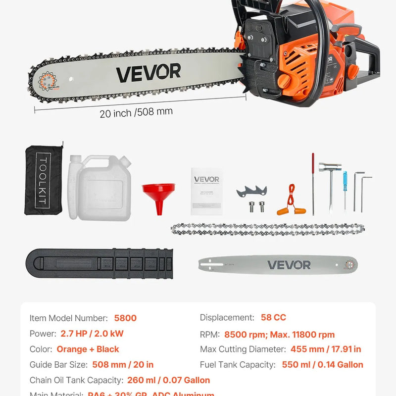VEVOR 58 cm³ benzīna motorzāģis ar 508 mm sliedi, 2,7 ZS jauda, neslīdošs rokturis, divas tvertnes, koksnes griešanai, koku apzāģēšanai un teritorijas attīrīšanai