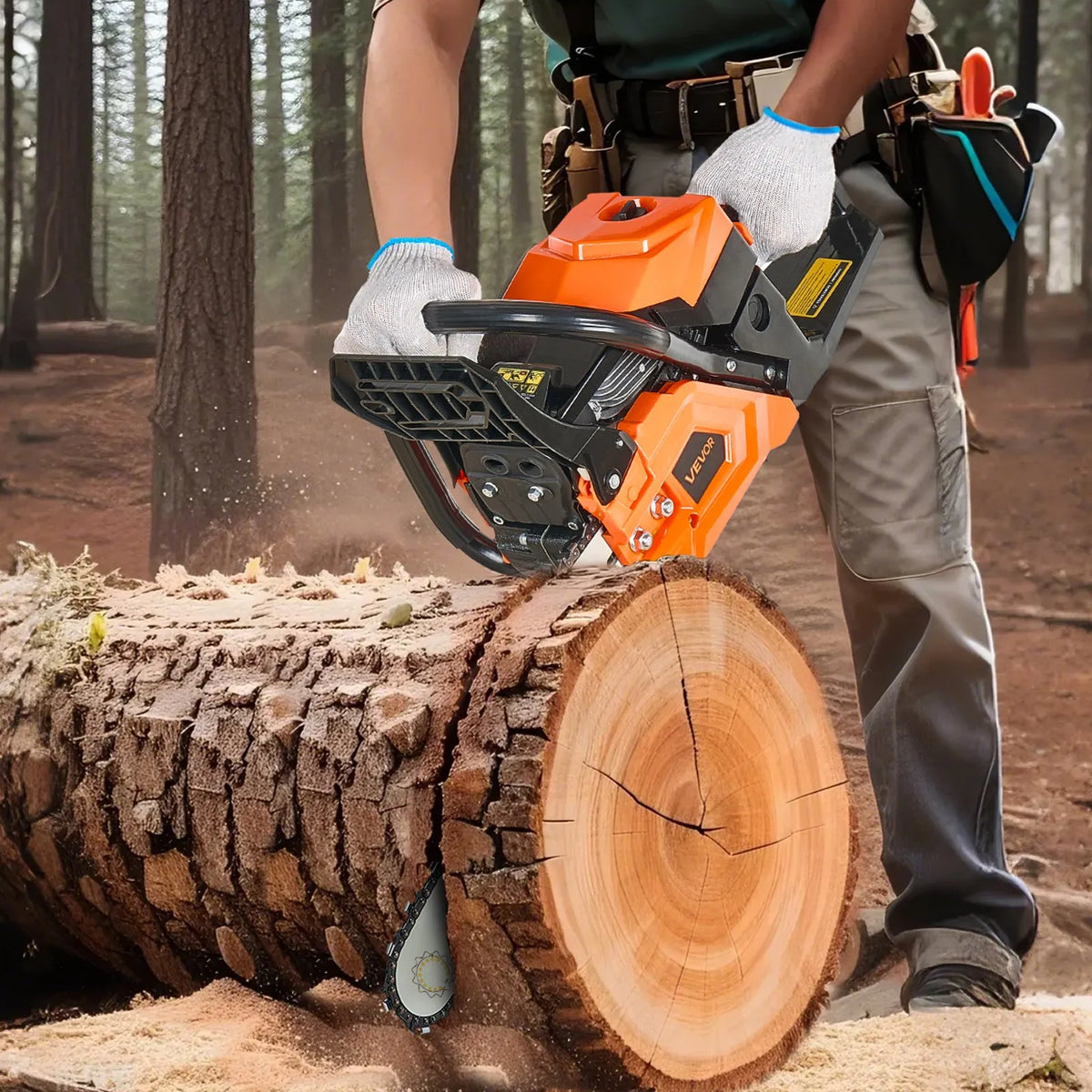 VEVOR 58 cm³ benzīna motorzāģis ar 508 mm sliedi, 2,7 ZS jauda, neslīdošs rokturis, divas tvertnes, koksnes griešanai, koku apzāģēšanai un teritorijas attīrīšanai - ZEMLETES.LV