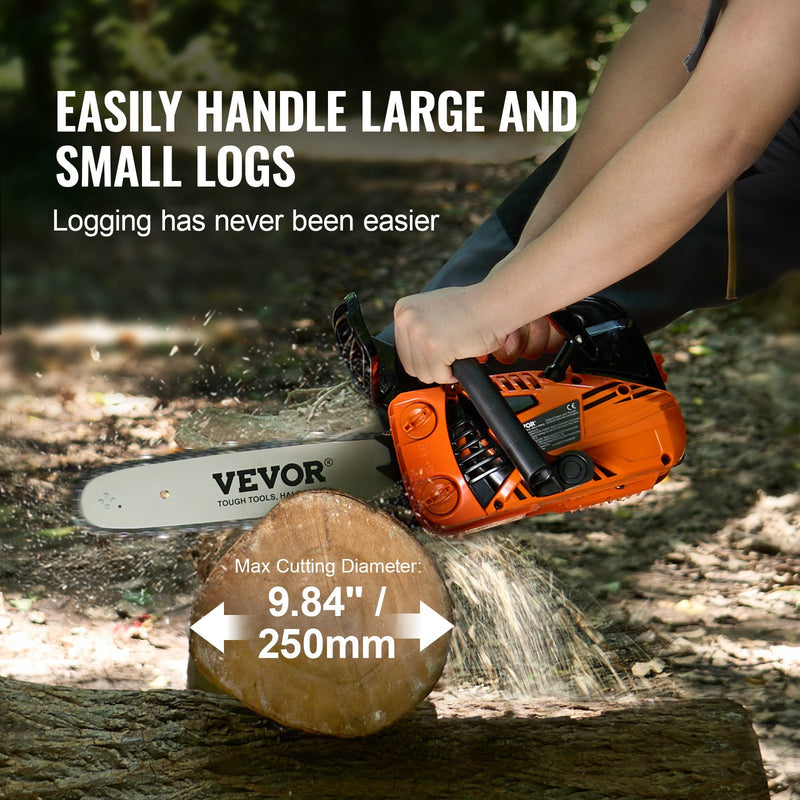 VEVOR benzīna motorzāģis, 25,4 cm³ dzinējs, 305 mm zāģa sliede, piemērots koksnes griešanai