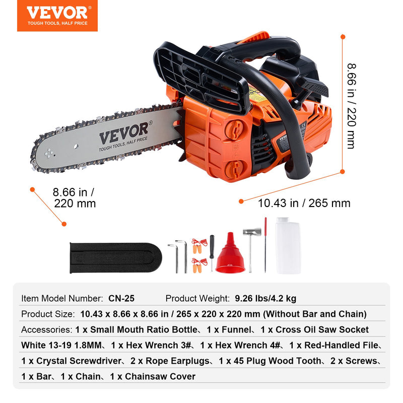 VEVOR 25,4 CC 30 cm gāzes ķēdes zāģis ar dzinēju, koka zāģēšanai