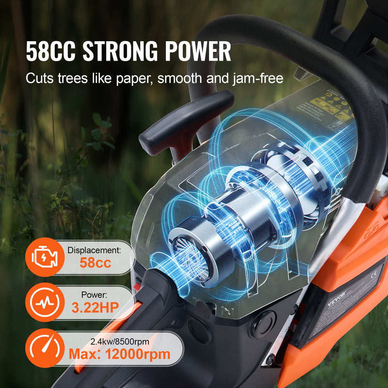 VEVOR 58CC 50,8 cm benzīna motorzāģis - Benzīna dzinēja ķēdes zāģis ar 58 cm³ jaudu un 50 cm (20") sliedi – piemērots malkas zāģēšanai, mežizstrādei un intensīvai lietošanai