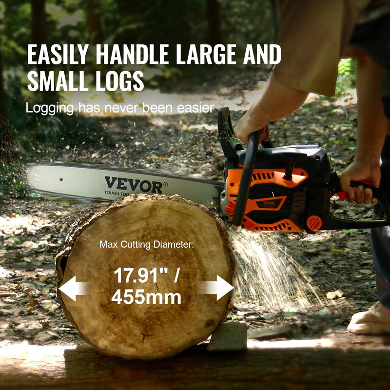 VEVOR 58CC 50,8 cm benzīna motorzāģis - Benzīna dzinēja ķēdes zāģis ar 58 cm³ jaudu un 50 cm (20") sliedi – piemērots malkas zāģēšanai, mežizstrādei un intensīvai lietošanai