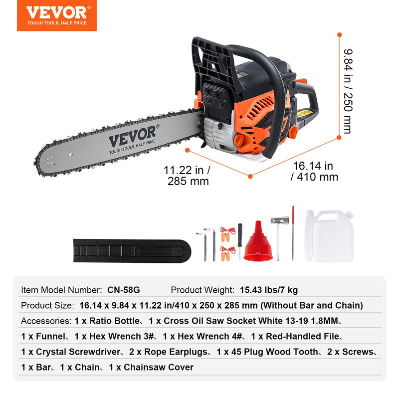 VEVOR 58CC 50,8 cm benzīna motorzāģis - Benzīna dzinēja ķēdes zāģis ar 58 cm³ jaudu un 50 cm (20") sliedi – piemērots malkas zāģēšanai, mežizstrādei un intensīvai lietošanai