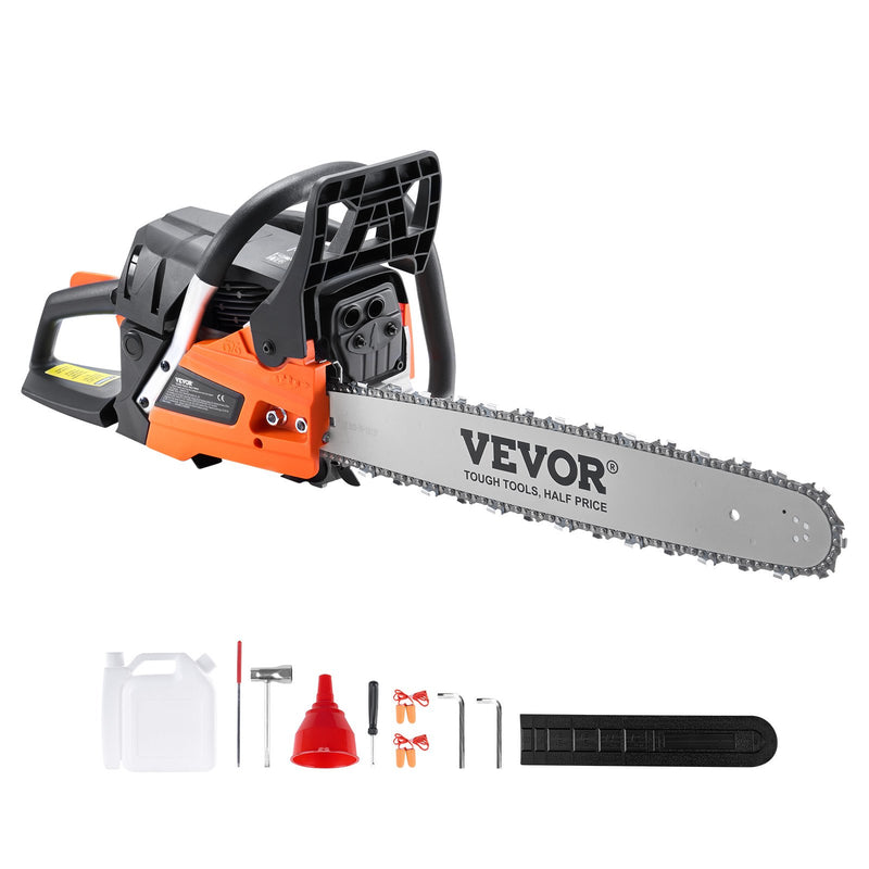 VEVOR 58CC 50,8 cm benzīna motorzāģis - Benzīna dzinēja ķēdes zāģis ar 58 cm³ jaudu un 50 cm (20") sliedi – piemērots malkas zāģēšanai, mežizstrādei un intensīvai lietošanai