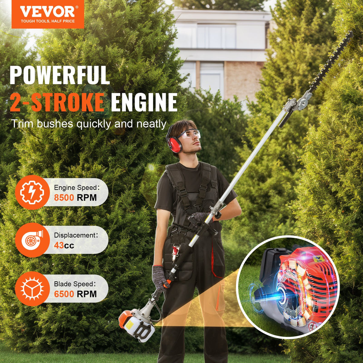 VEVOR petrol garden tool 6 in 1 43 cc – trimmer, hedge trimmer, brush cutter, pole saw