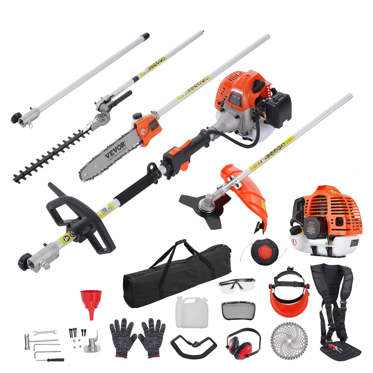 VEVOR petrol garden tool 6 in 1 52 cc – trimmer, hedge trimmer, brush cutter, pole saw