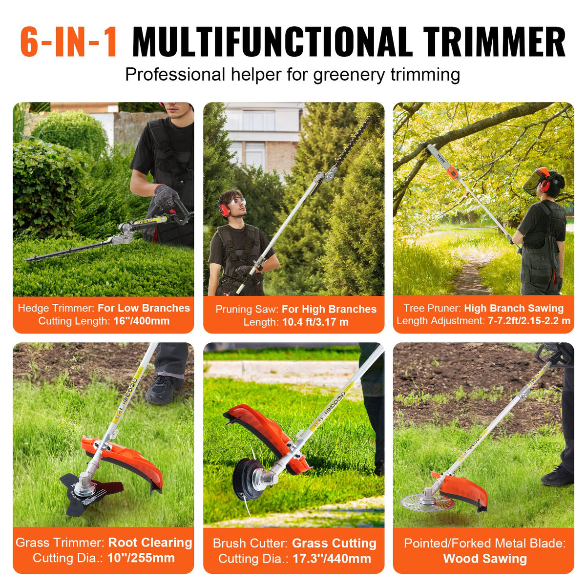 VEVOR petrol garden tool 6 in 1 52 cc – trimmer, hedge trimmer, brush cutter, pole saw