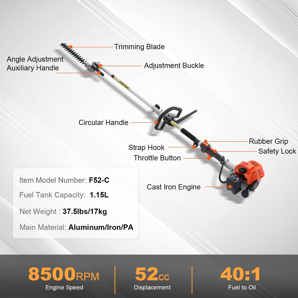 VEVOR petrol garden tool 6 in 1 52 cc – trimmer, hedge trimmer, brush cutter, pole saw