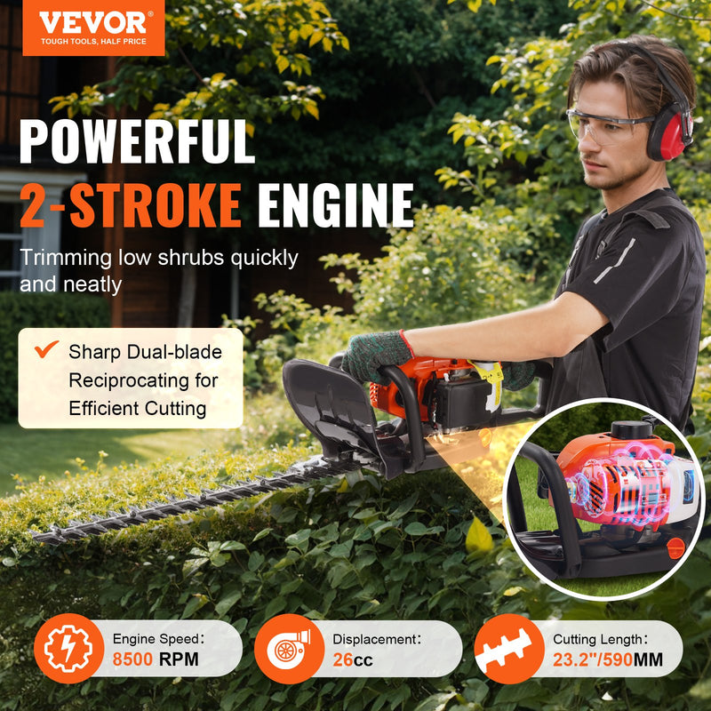 VEVOR 59 cm 26CC 2 ciklu gāzes dzinēja dzīvžogu griezējs, gāzes dzinēja rokas dzīvžogu griezējs