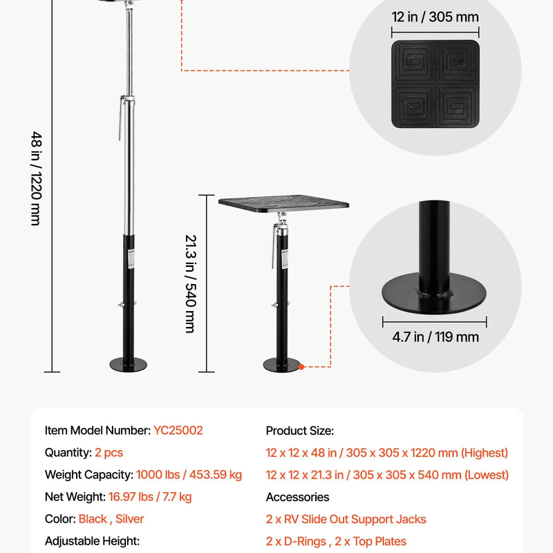 VEVOR RV izvelkamās daļas atbalsta domkrati, 2 gab., kempera slide-out līmeņošanas domkrati no pulverkrāsota tērauda, paredzēti RV, kemperiem un ceļojumu piekabēm, celtspēja līdz 453,6 kg, regulējams augstums 541–1219 mm