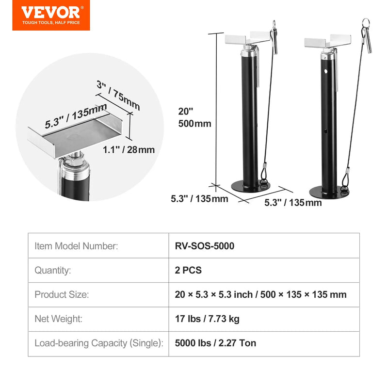 VEVOR RV izbīdāmās sekcijas atbalsta domkrati, 2268 kg nestspēja katram balstam, regulējams augstums 50,8–121,9 cm, smagas slodzes stabilizatori kemperiem, dzīvojamajiem automobiļiem un ceļojumu piekabēm