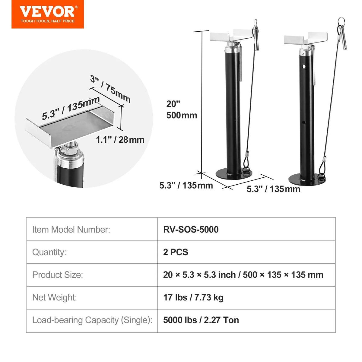 VEVOR RV izbīdāmās sekcijas atbalsta domkrati, 2268 kg nestspēja katram balstam, regulējams augstums 50,8–121,9 cm, smagas slodzes stabilizatori kemperiem, dzīvojamajiem automobiļiem un ceļojumu piekabēm